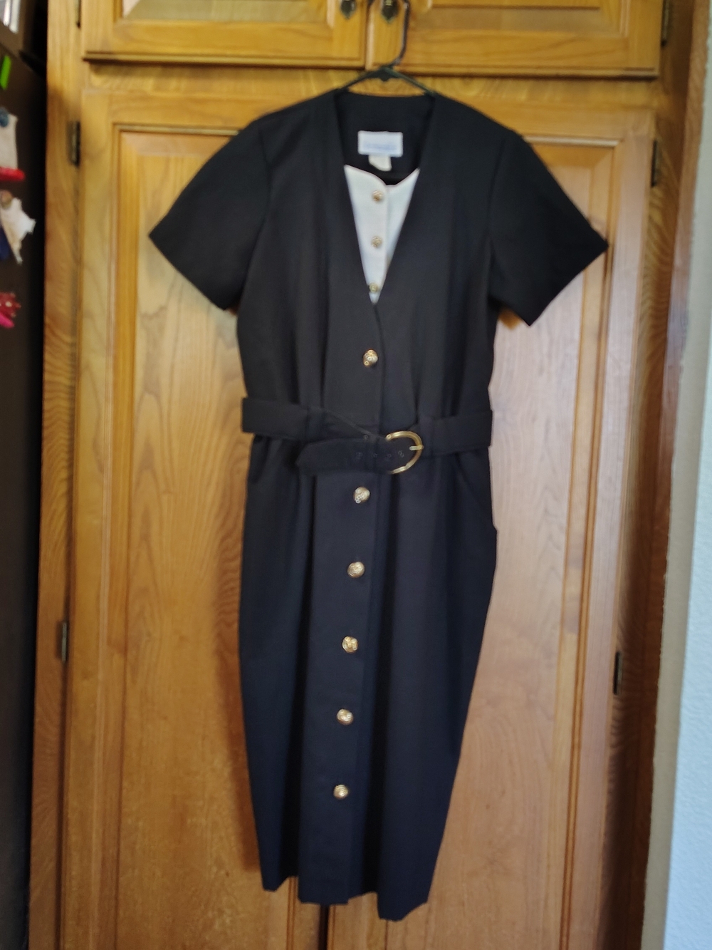 VTG Periwinkle Black Retro Padded Belted Pockets Shift Dress USA Made Size 12